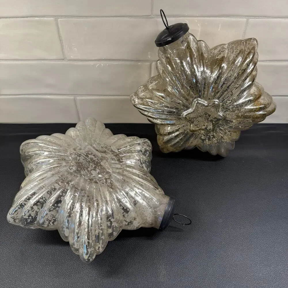 2 Large 10” Vintage Hand Blown Molded Mercury Glass Kugel Star Ornaments